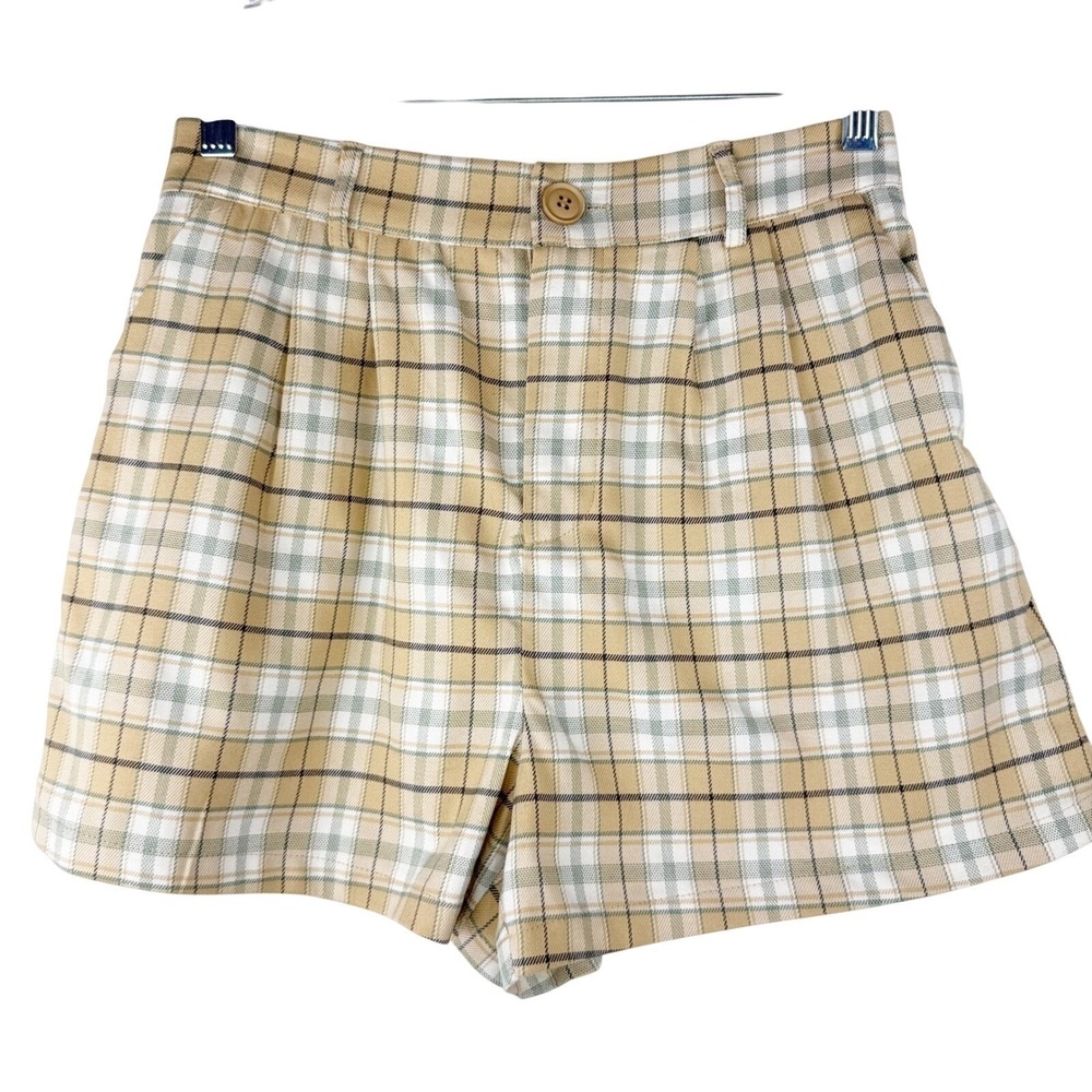 Full Tilt Women Tan Green Plaid High Waisted Pleated Shorts Size S NWT